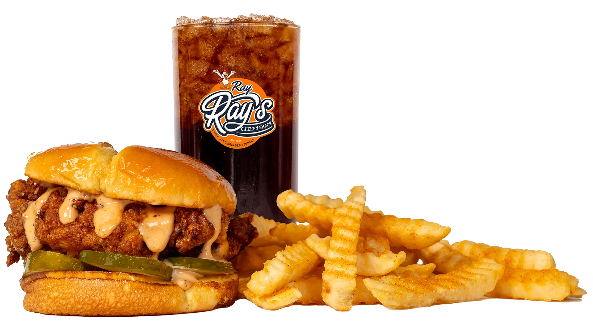 Ray Ray's chicken sandwich with crinkle fries and a fountain drink